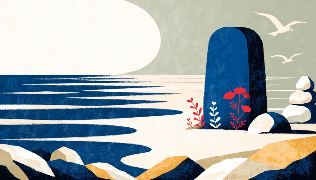 Minnestein ved havet med blomster