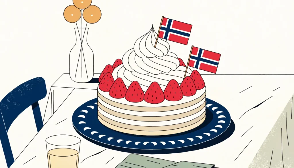 Bløtkake med jordbær og flagg