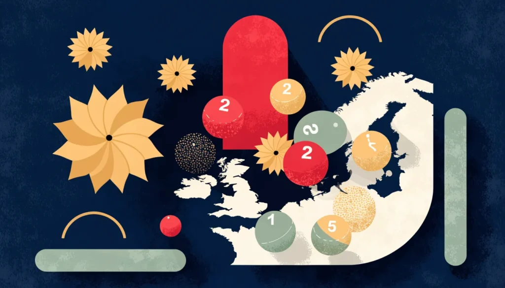 Stjerner og lottokuler over et Europakart