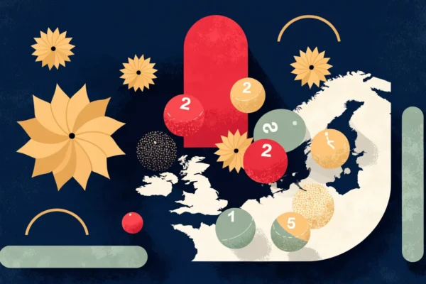Stjerner og lottokuler over et Europakart