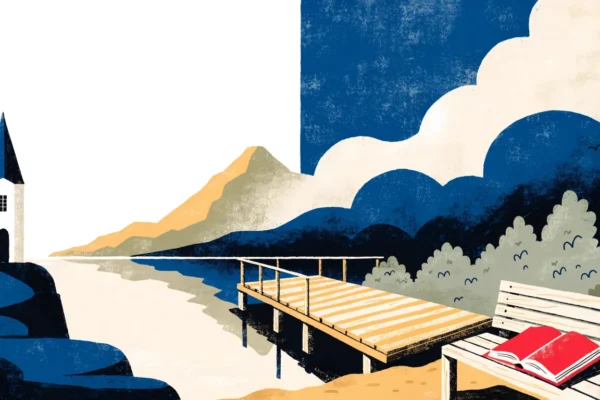 Hvit kirke ved fjorden og en åpen salmebok