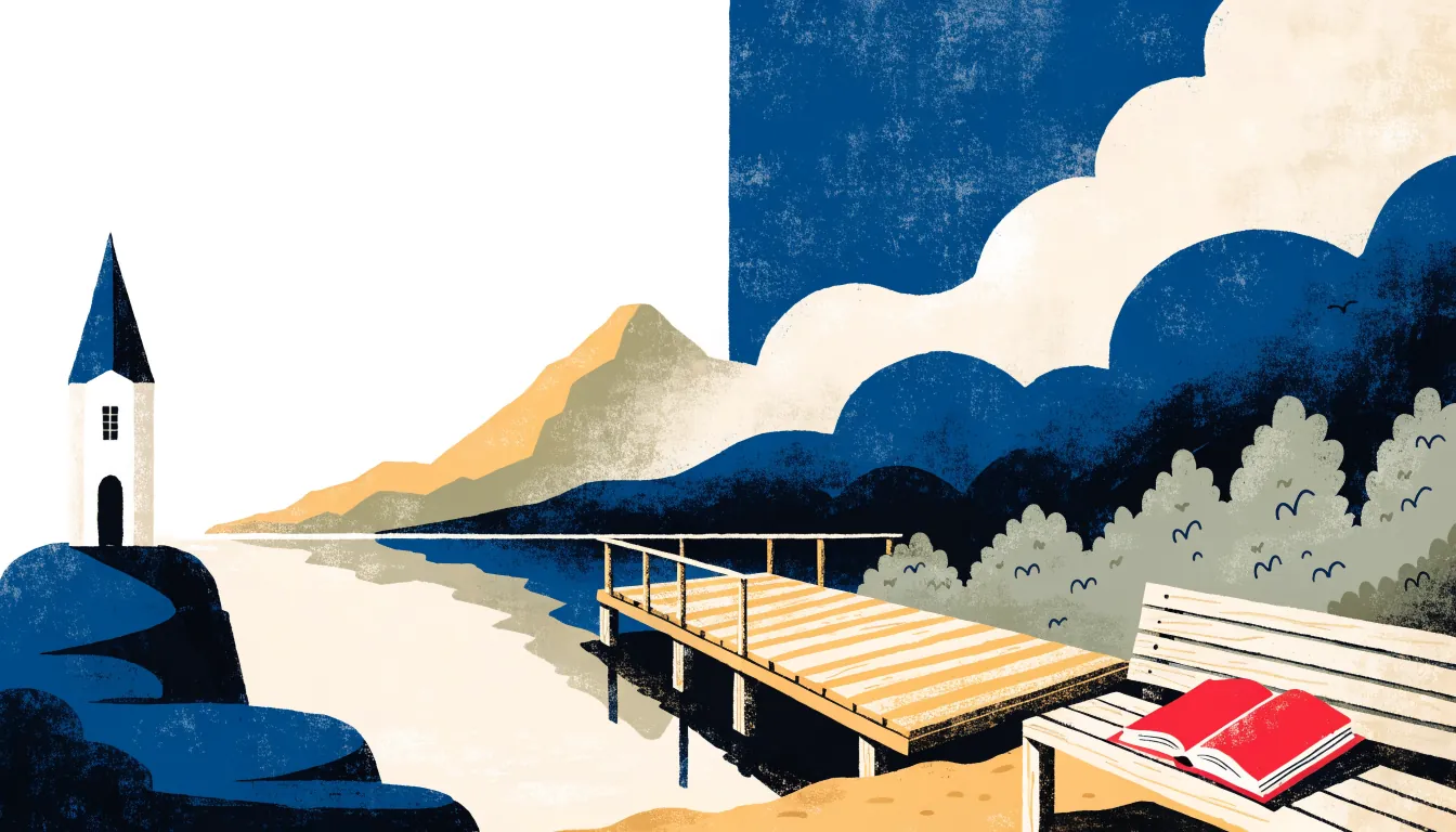 Hvit kirke ved fjorden og en åpen salmebok