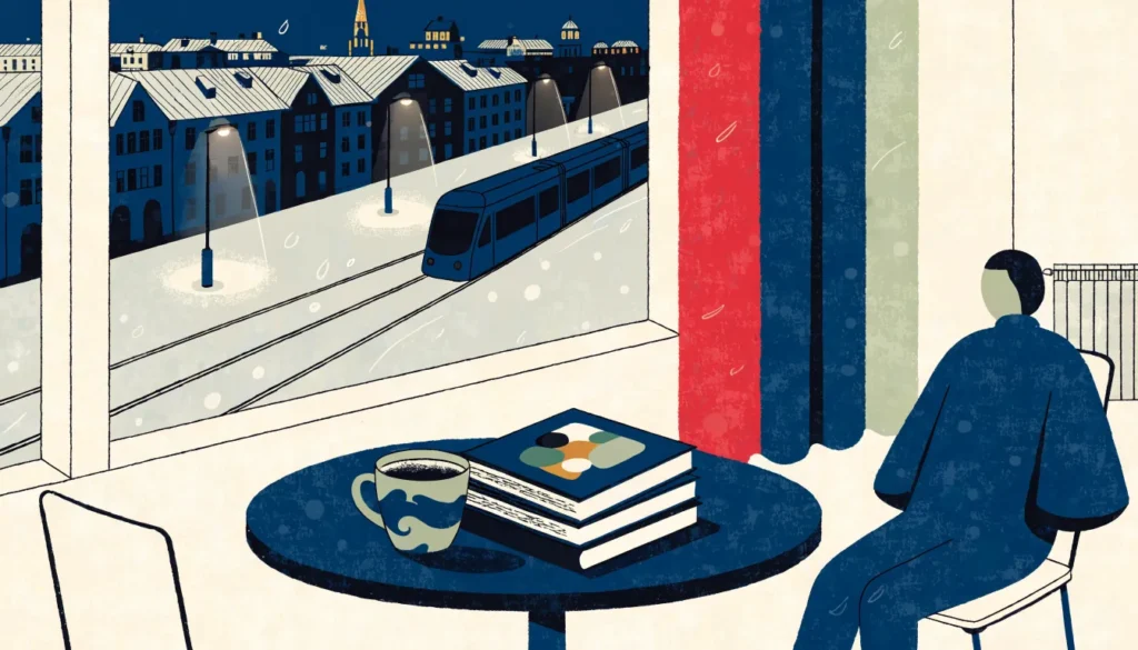 Oslo en vinterkveld med en stabel krimbøker