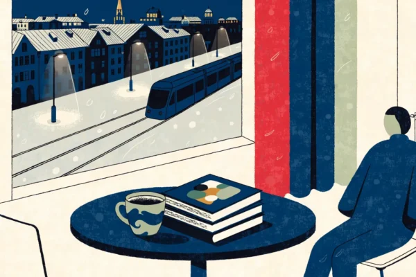 Oslo en vinterkveld med en stabel krimbøker