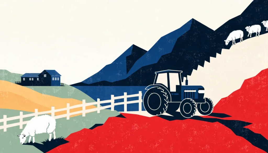 Liten gård med traktor og sauer