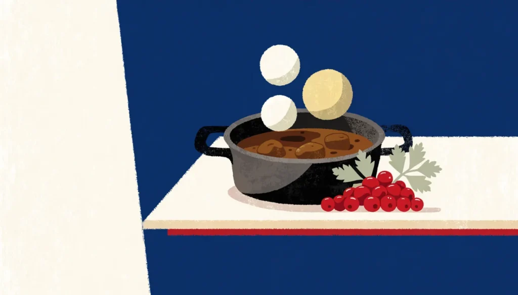 Gryte med kjøtt i mørk saus, poteter og tyttebær