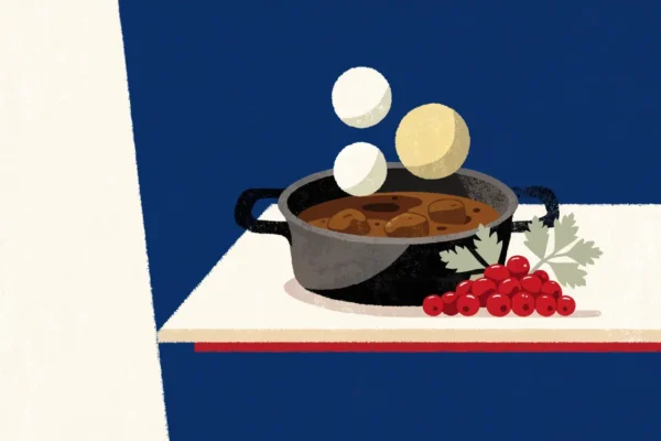 Gryte med kjøtt i mørk saus, poteter og tyttebær