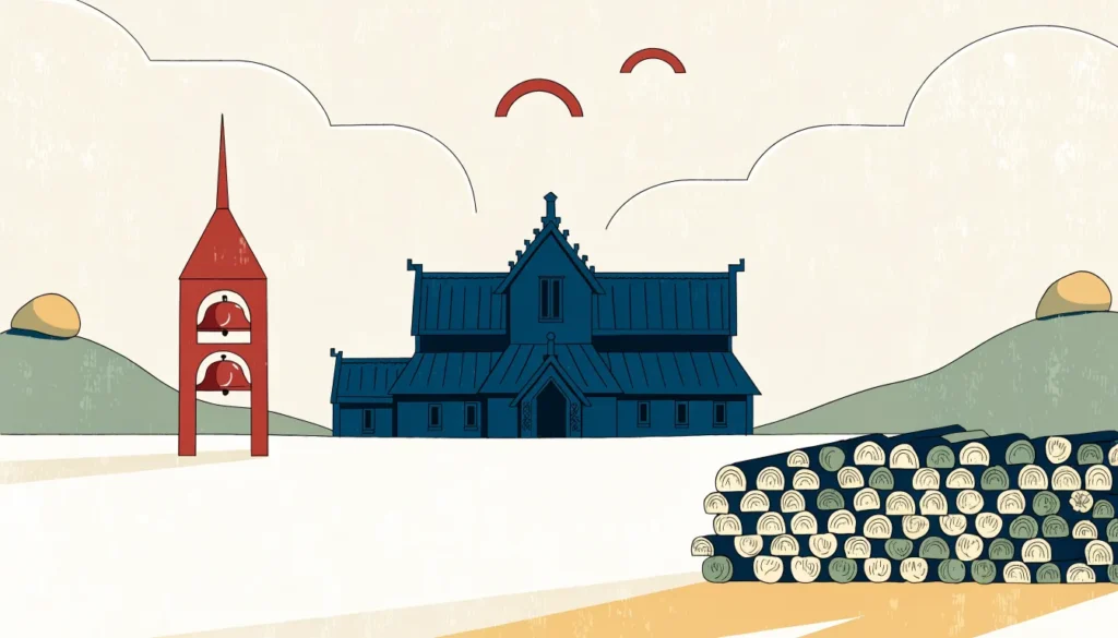 Stavkirke i en snødekt dal og en vedstabel