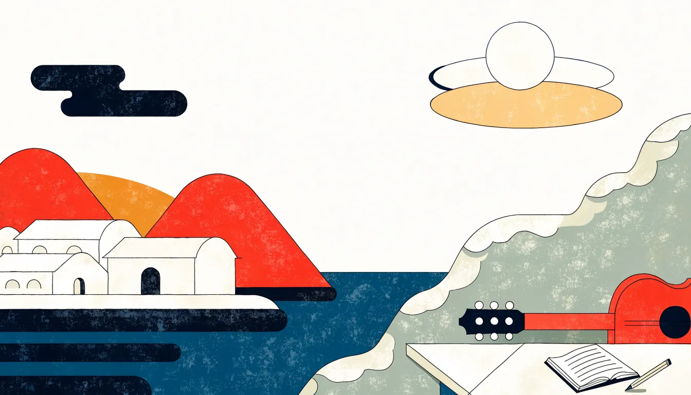 Gresk havn i solnedgang med gitar og notatbok
