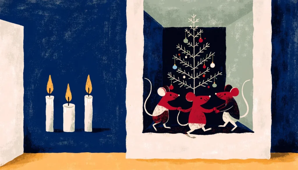 Små mus som danser rundt et juletre