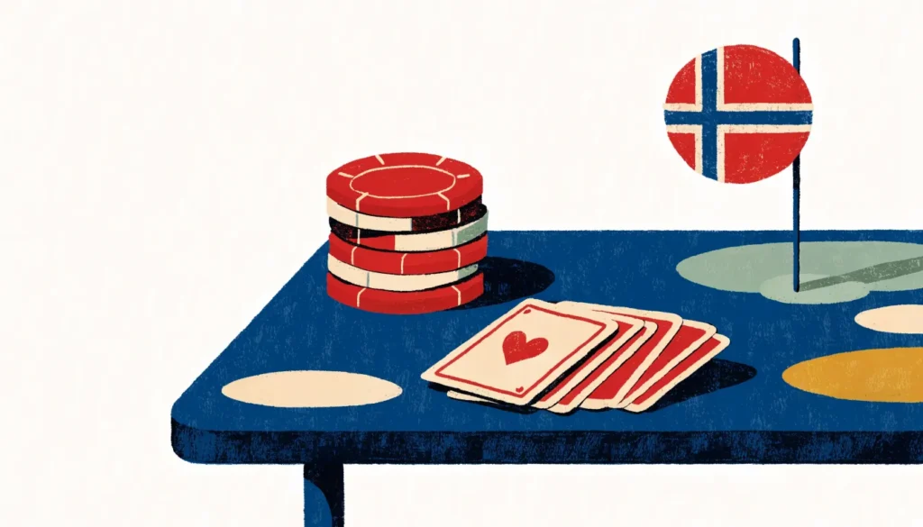 Pokersjetonger og kort på et kjøkkenbord