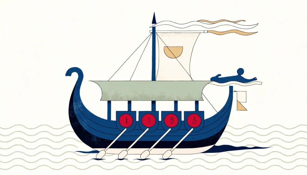 Vikingskip med lottokuler som skjold