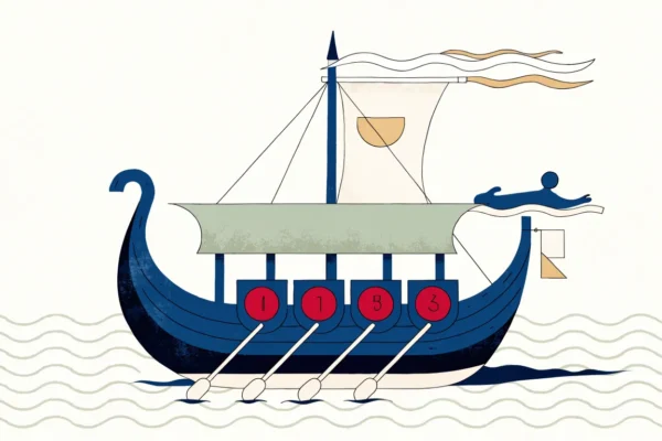 Vikingskip med lottokuler som skjold